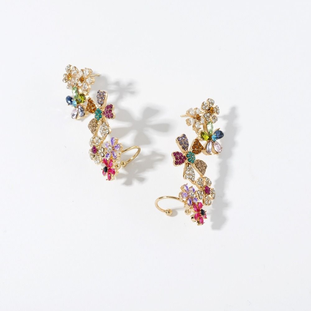 Sweet Shining Flower Earrings Colored Sweet Ear Clips Fashion Rhinestone Flower Earrings  Women