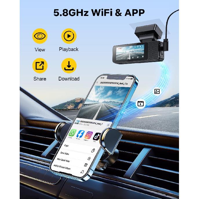 GKU Dash Cam Front and Rear, 3.18'' Touchscreen, 4K+1080P Dashcam, Built-in GPS, 5.8GHz WiFi Dash Camera for Cars with 24H Parking Monitor, Night