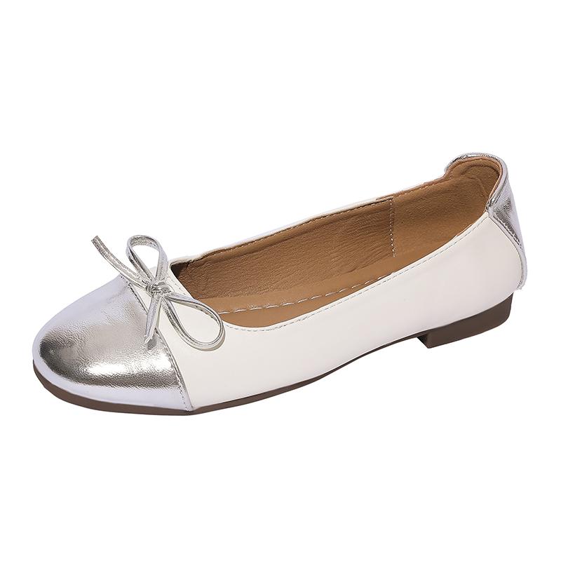 Fashion Round Toe Shallow Mouth Spliced Bow Slip-on Soft Non-Slip Wear-Resistant Square Heel Single Shoes