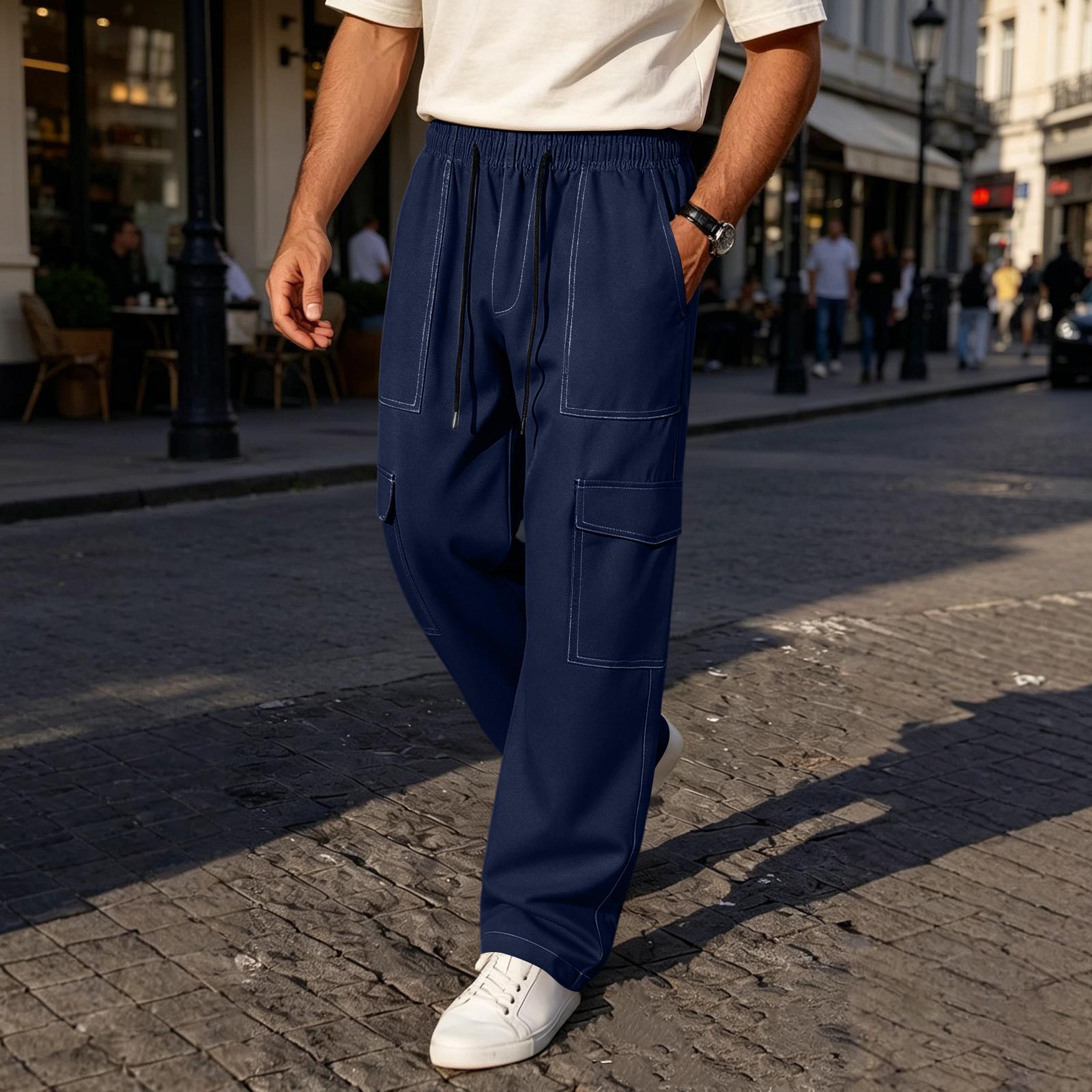 

Men’s Relaxed Fit Multi Pocket Cargo Pants with Elastic Waistband Drawstring and Utility Design for Casual Wear L