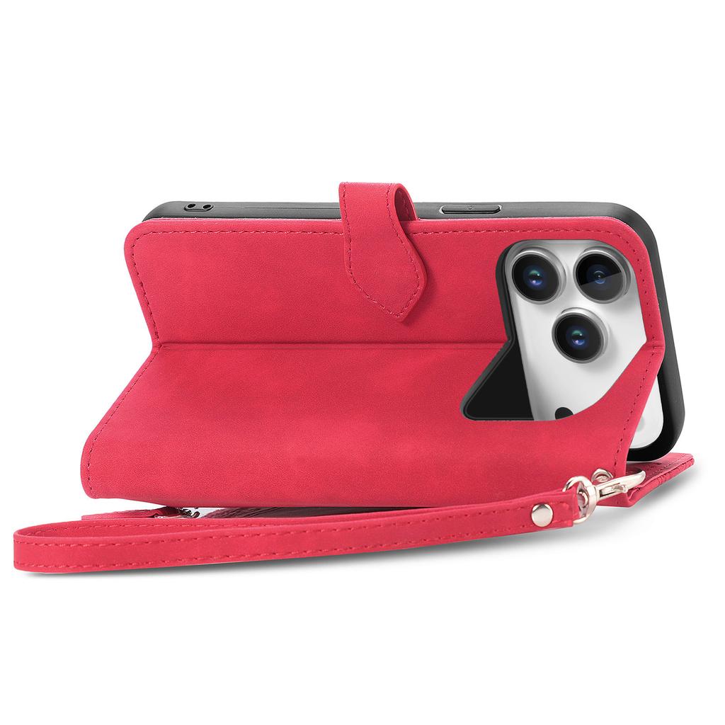 For iPhone 17 Pro Max Zipper Wallet Case with Strap Flower Imprint PU Leather Phone Cover