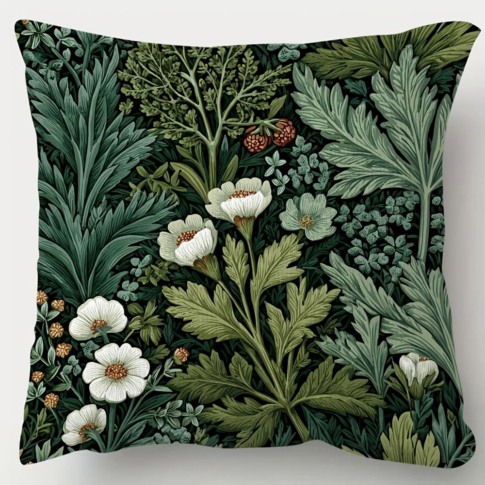 1Pc Cottagecore Living Room Pillow Cover, Polyester 2D Double Sided Print Cushion Case, Dark Green Botanical Throw Pillowcase Fo