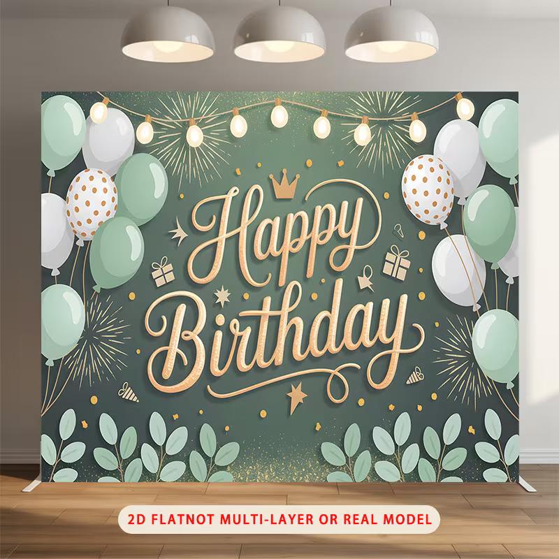 2D Green Gold Eucalyptus Happy Birthday Backdrop Banner Photography Background for Party Decor