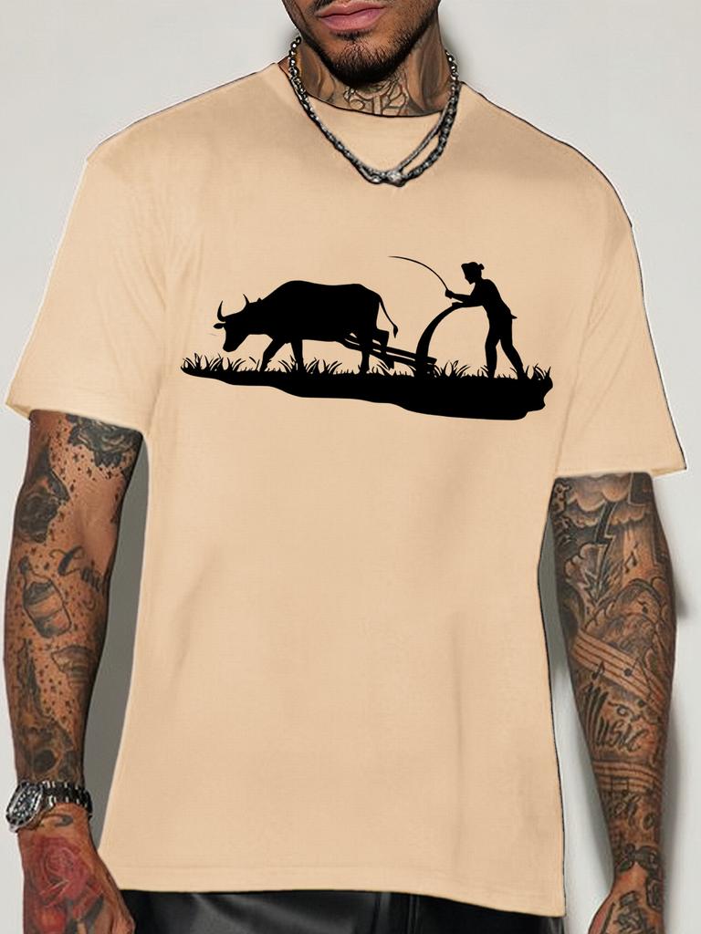 Vintage Farming Unisexs Crew Neck Cotton T Shirt Farmer Plowing With Ox Silhouette Print Short Sleeve Countryside Casual Street Top