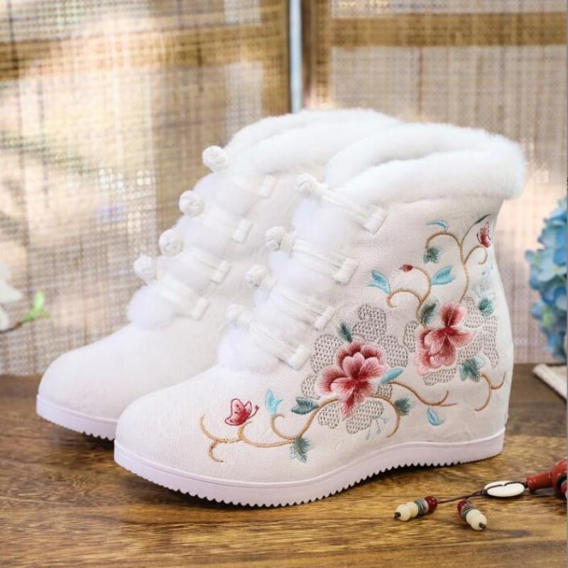 

Fur Lined Flower Embroidered Women Ankle Boots Internal Height Increased Vintage Short Booties for Ladies Winter Warm Dress Shoe 4.5 белый