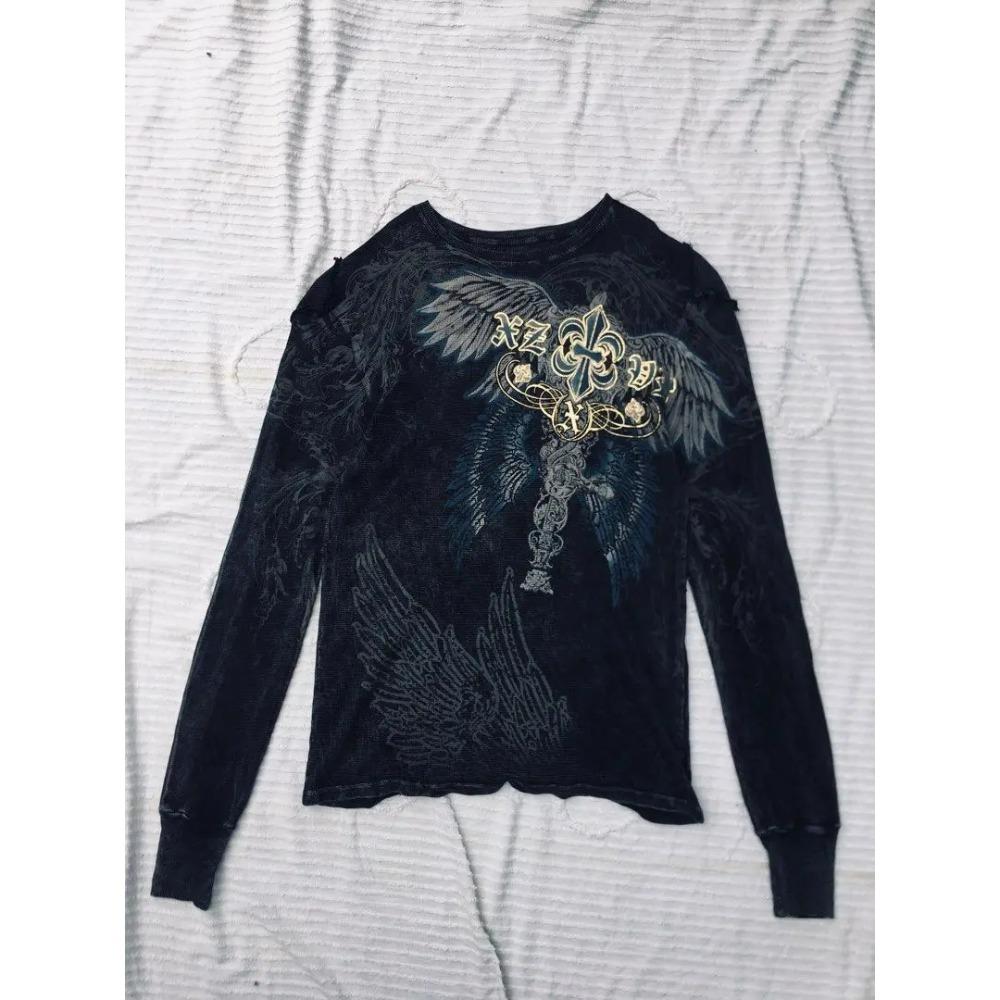 Funny Cross Wing Pattern Men's T Shirt Casual O-neck Loose Long Sleeve T-shirt Spring Autumn Comfortable Pullover Fashion Tops