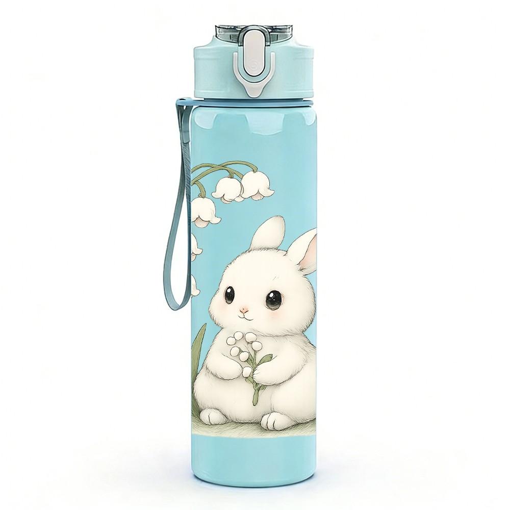 1PC White Lily And Cute Rabbit 750ml Color Plastic Sports Water Bottle Leakproof Flip Straw Lid Suitable for Sports Office Home Use