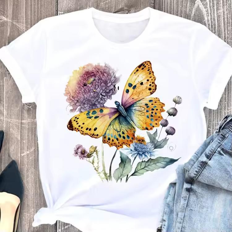 Women's Cute Butterfly Print Short-sleeved T-shirt, European Clothing Top, Graphic T-shirts Summer Streetwear Aesthetic Clothes