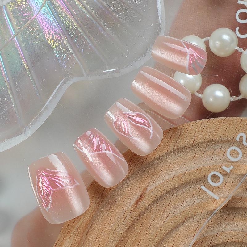 30 Piece 3D Hand-Painted Cat Eye Pink Wearable Nails - Spring/Summer Collection with Detachable Manicure Pieces