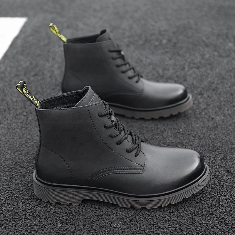 Men's shoes winter velvet thickened Martin boots cowhide black tooling men's leather shoes high-top warm cotton shoes 2025