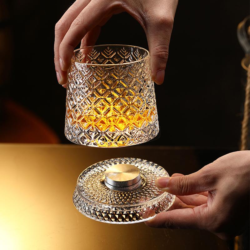 Rotating Whisky Glasses with Glass Base 360 Rotate Degrees Crystal Rum Glass for Cocktail Party Drinking