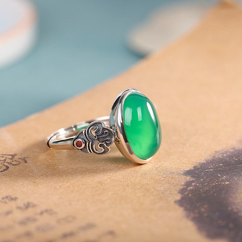 Adjustable Open Ring Women Men Vintage Geometric Green Chalcedony Stone Statement Jewelry