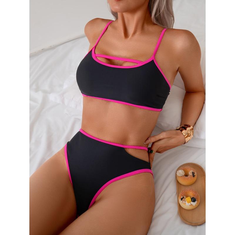 Vintage-Badeanzug für den Strandurlaub, sexy Bikini-Badeanzug für Damen, rückenfrei, Farbblock-Badeanzug mit geteilten Ärmeln, feine Nähte in verschiedenen Farben, Strandmode