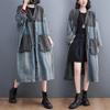 Autumn Winter Women Denim Cowboy Contrasting Color Patchwork V-neck Mid Length Coat Cotton Loose Outwear Blue Long Vintage Cardigan