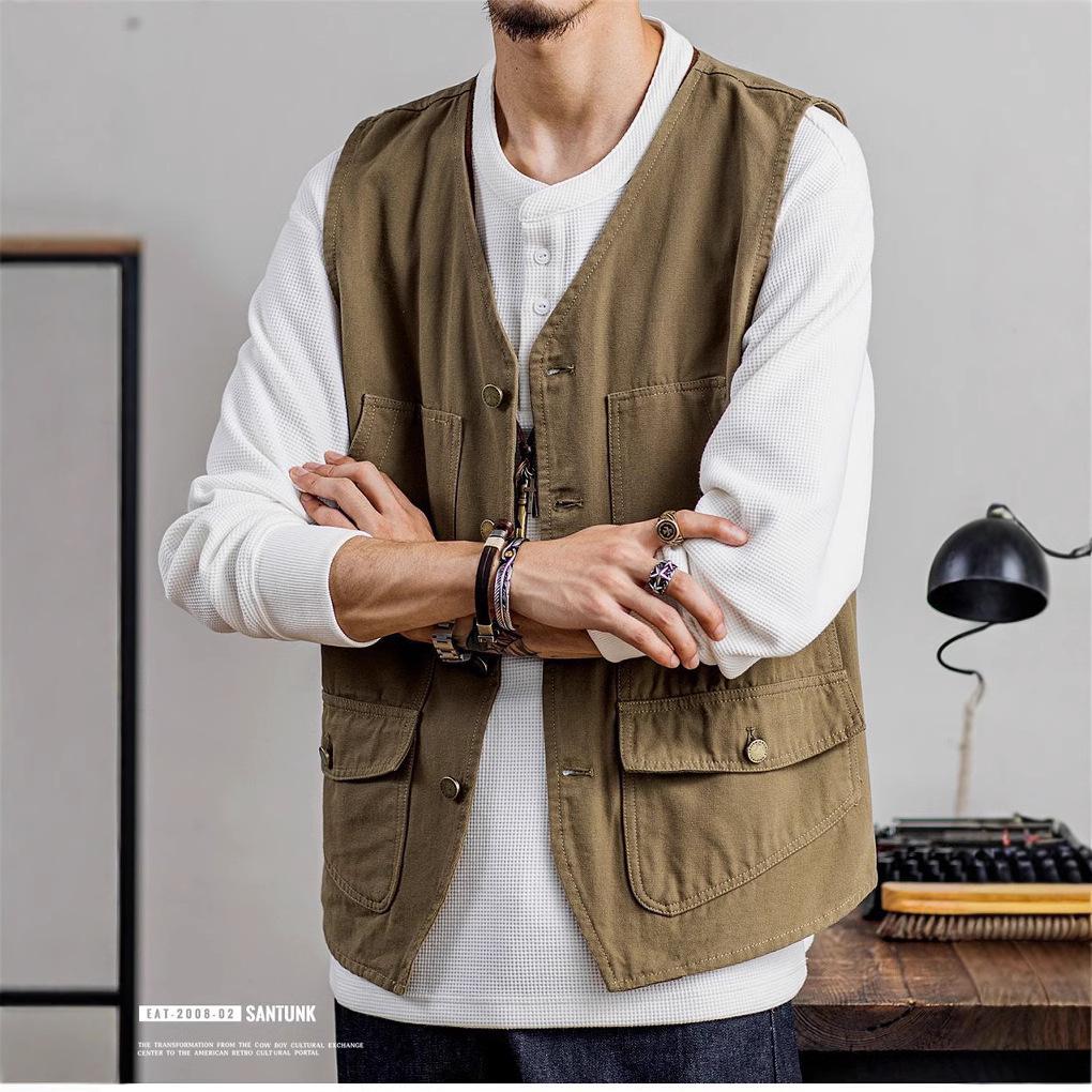 Trendy Vesta Harajuku Streetwear s výstřihem do V pro muže - Literární, Jednořadé zapínání