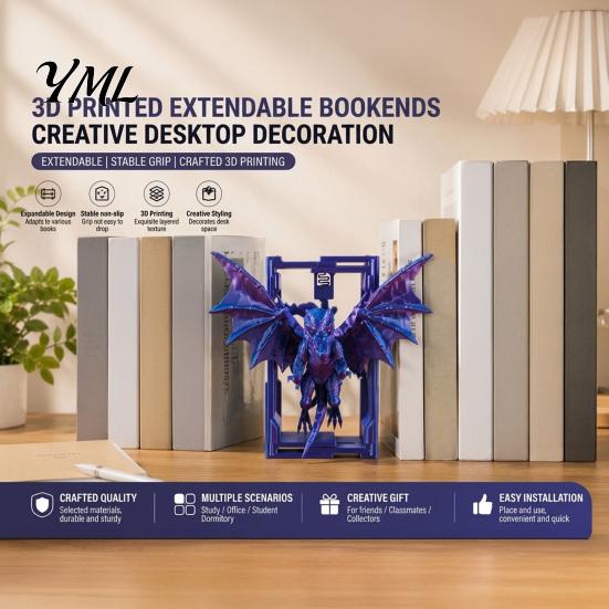 Gothic Style Home Office Supplies Flying Dragon Bookend, 3D Printed PLA Fantasy Decorative Book Stand, Personalized Bookends for Collectors Heavy Duty