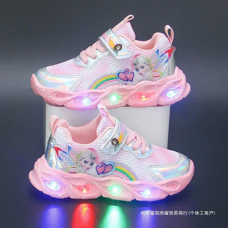 Mädchen mit Leucht-Sneakern 2025 Frühling und Herbst neue Mesh-Leder kleine Mädchen Prinzessinnenschuhe weiche Sohle Baby Leuchtschuhe