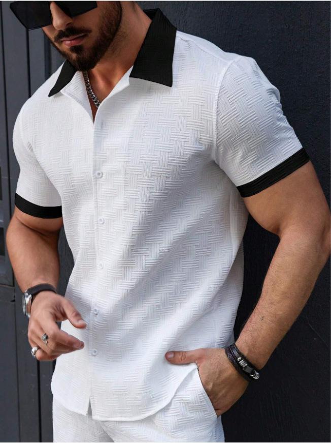 Mens Jacquard Striped Short Sleeve Business Casual Beach Shirt S белый