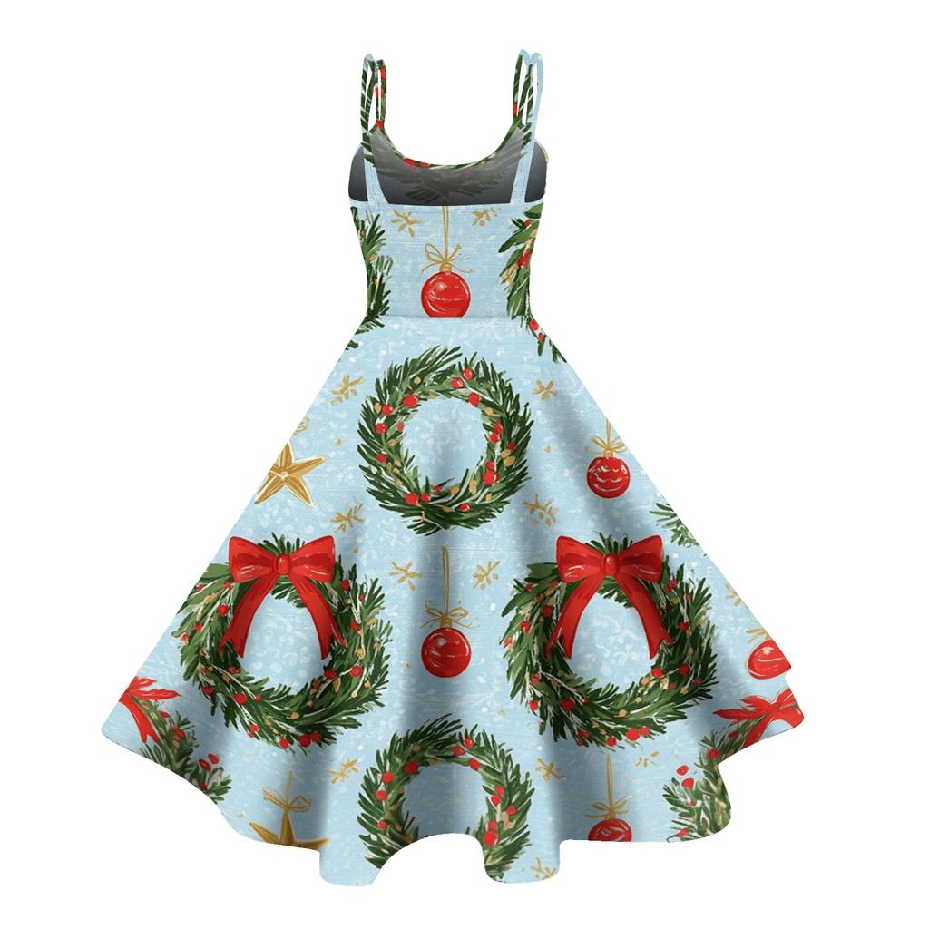 Damen Weihnachtsdruck Off-Shoulder Vintage Kleid