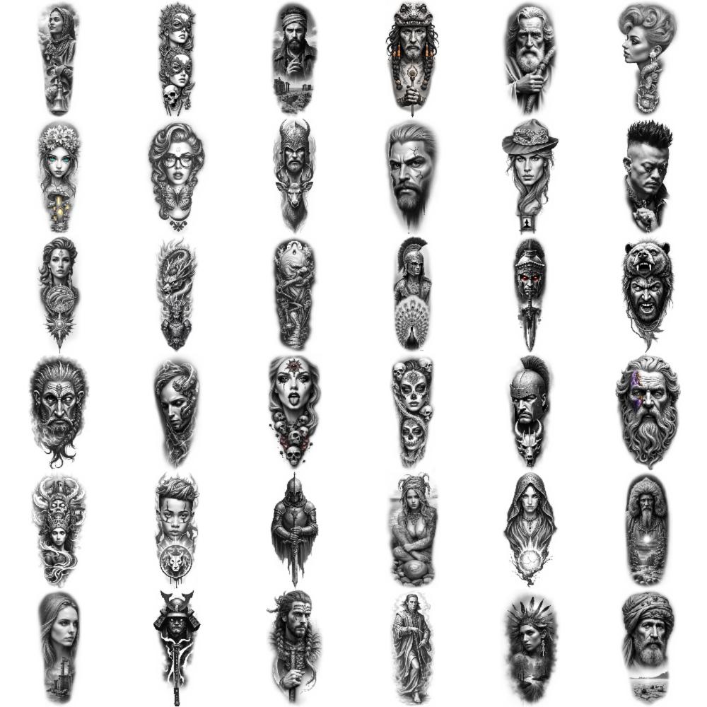 12pcs Temporary Tattoo Black And Grey Realism Roman Soldier Woman With Skulls Viking Warrior For Men Thighs Arms