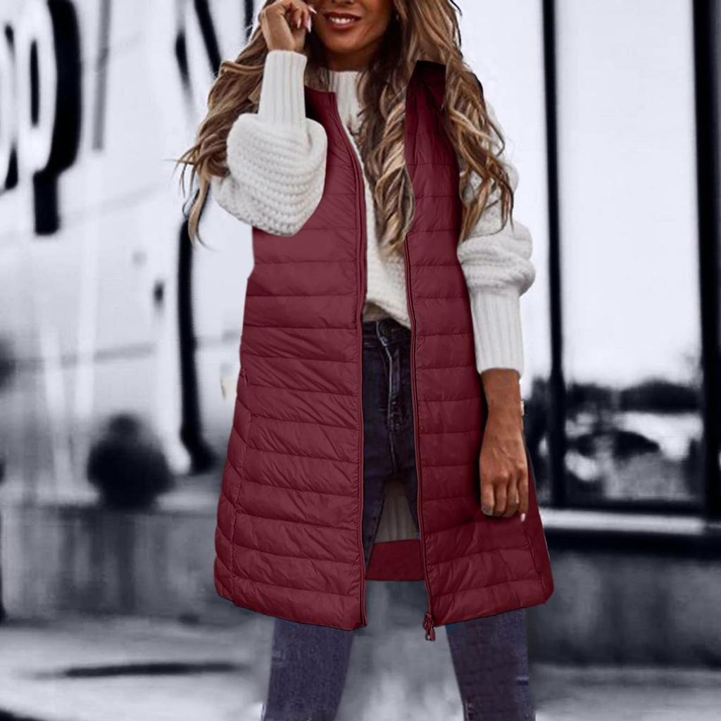 Vestă Lungă de Damă la Modă Vestă de Puf cu Glugă Fără Mâneci Casual pentru Femei