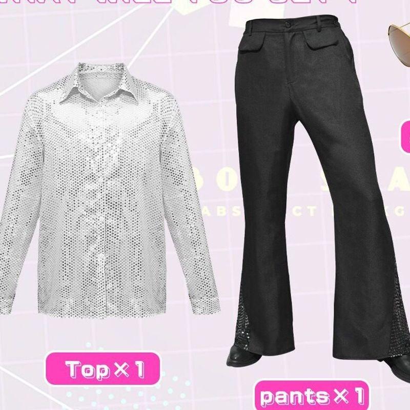 European and American 1970s Men's Classic Casual Retro Sequins Trumpet pants Performance Comprehensive Sequins Set Performance Dress.