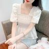 Chiffon Shirt for Women Short-sleeved Waist-hugging Shirt Fashionable High-end and Chic Puff Sleeve Square Collar
