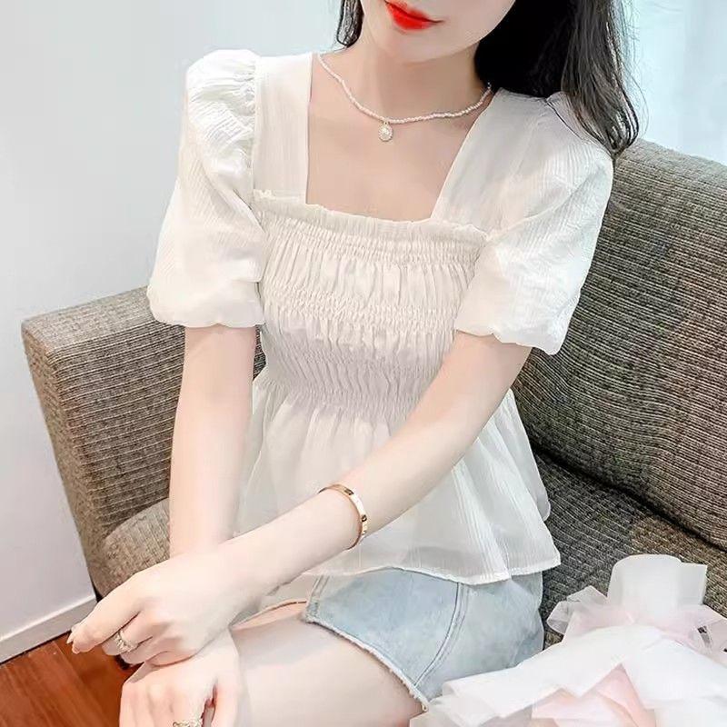 Chiffon Shirt for Women Short-sleeved Waist-hugging Shirt Fashionable High-end and Chic Puff Sleeve Square Collar