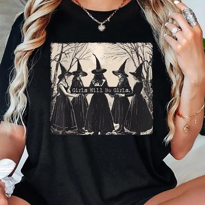 Girls Will Be Girls Witch In The Forest Graphic T‑shirt Unisex Cotton Crew Neck Short Sleeve Spring Summer Casual Streetwear Top Unisex