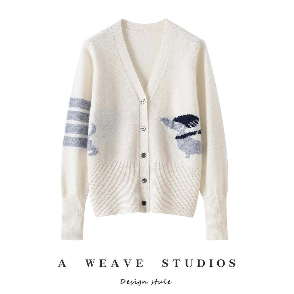 TB Design Puppy Jacquard V-neck Cardigan: British Chic Knit Outerwear