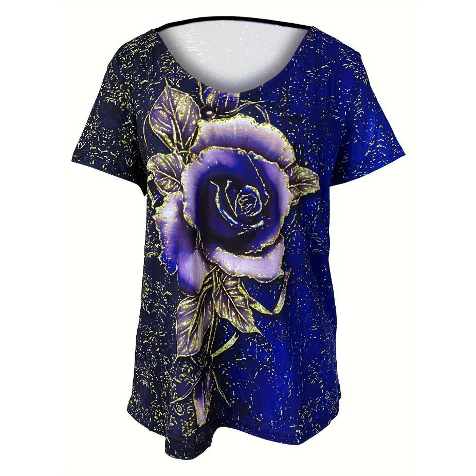 Plus Size Women's Casual Rose Print Short Sleeve V Neck Medium Stretch T-shirt - Comfortable, Breathable, Relaxed Fit - Perfect for Daily Wear