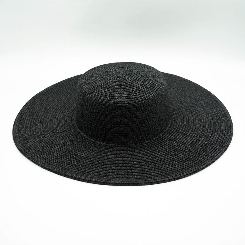 Black Big Brim Flat Top Top Hat Women'S Summer Shade Holiday Beach Sun Straw Hat French Vintage Foreign Trade Seaside