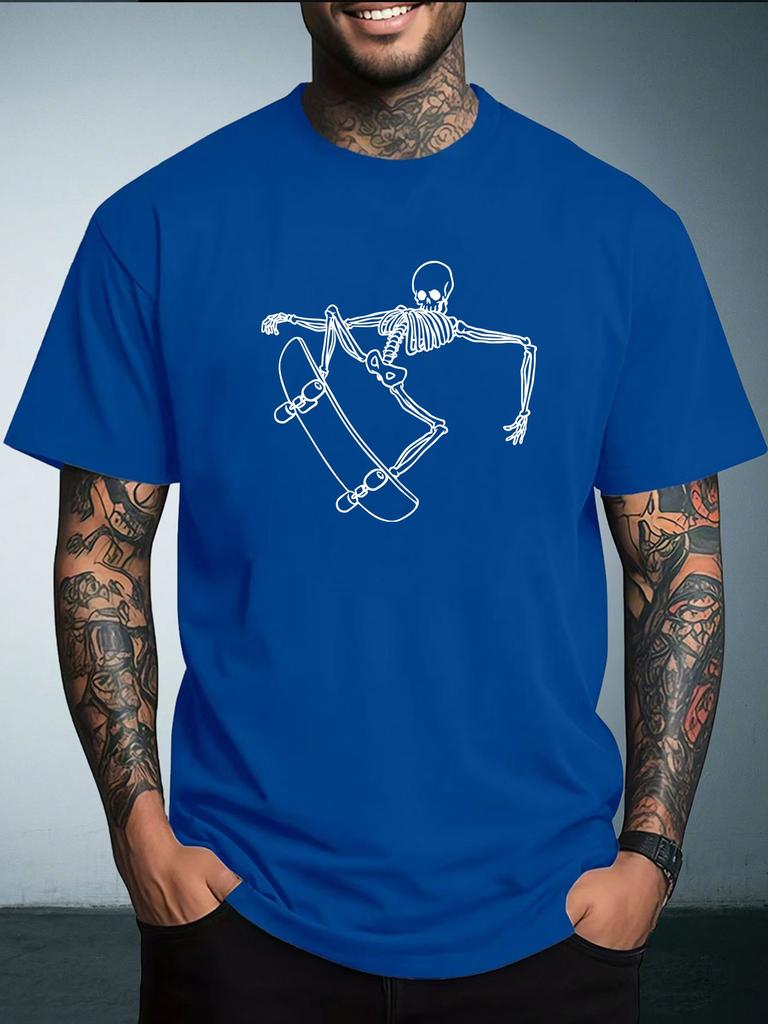 Unisex White Short Sleeve Tee Cool Skateboarding Skeleton Line Graphic Crew Neck Loose Casual Male Street Summer Fashion Tops