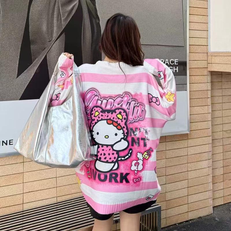 Korean Style Rhinestone Cartoon Pullover Sweater - Cute Round Neck Long Sleeve Knitwear for Women