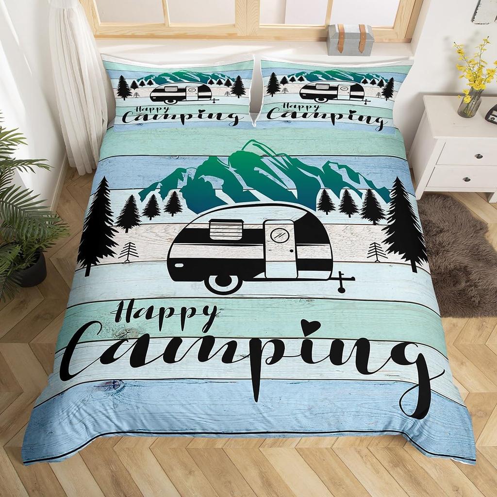 Camping Bedding Set Twin King Full Size For Teens Adult Duvet Cover Happy Camping Comforter Cover 3 Pieces With 2 Pillowcase