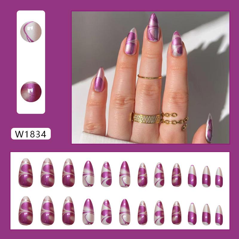 

Нерегулярный серебристо-фиолетовый цветовой узор, размытая линия, белый, в стиле Ins, европейский и американский стиль, съемные ногти для маникюра, 24 шт.