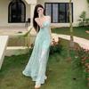 Seaside Resort Floral Print Camisole Dress: Elegant Waist-Cinching Summer Long Dress for Women