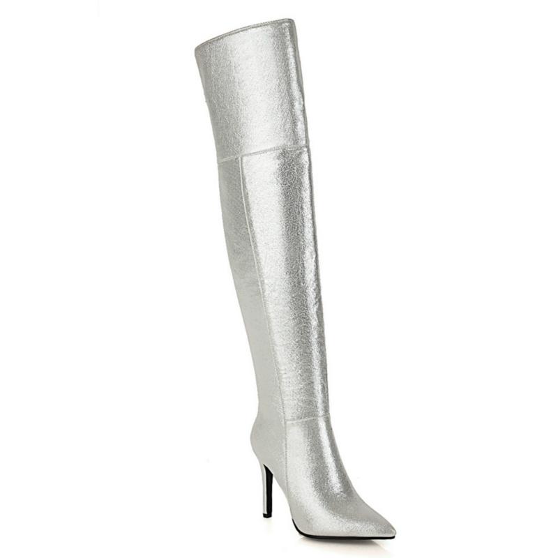 

Модные модные сапоги женские высокие сексуальные золотые серебряные сапоги выше колена осенне-зимние каблуки женские высокие сапоги обувь большой размер 48 39 серебряный