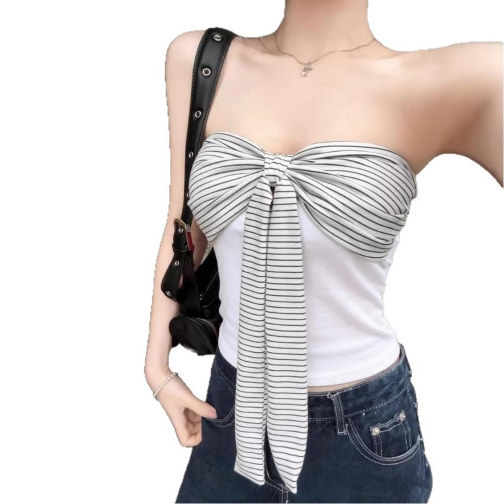 French retro design sense splicing straps tube top women's summer new slim and thin versatile top