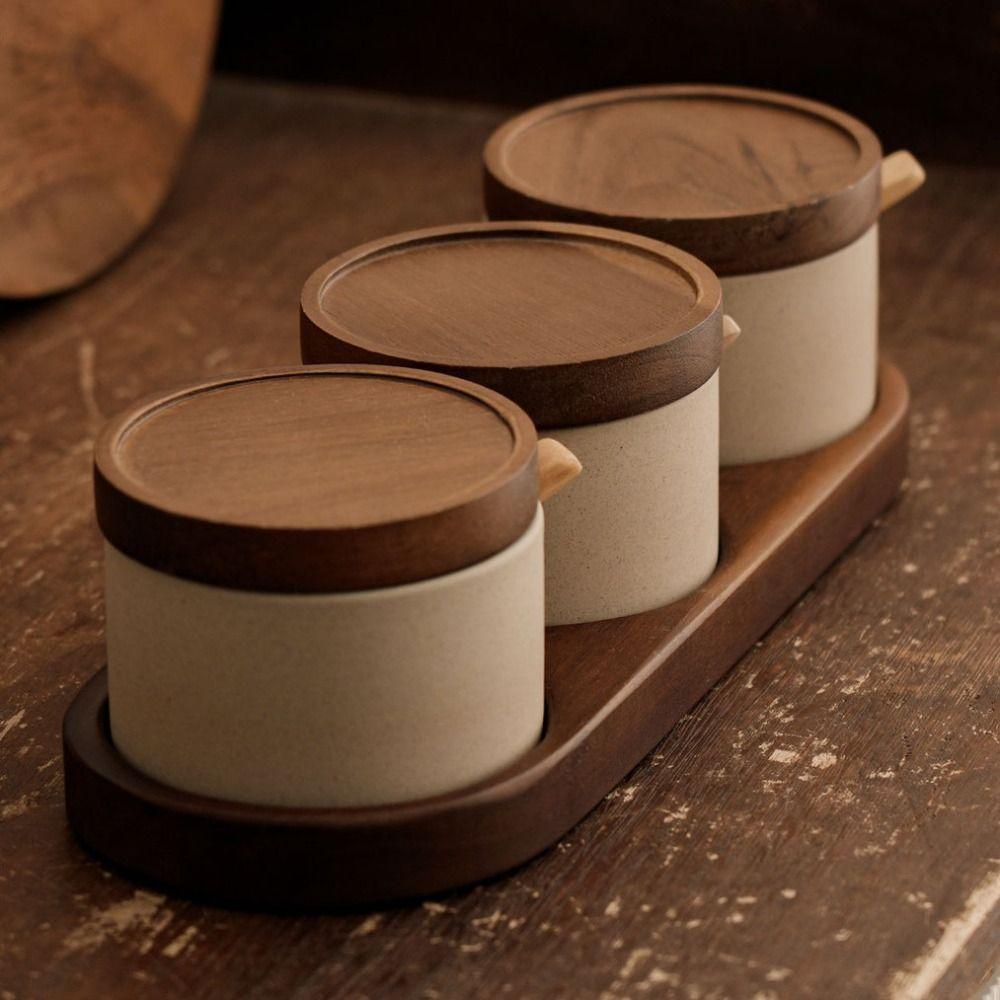 Pot à assaisonnement en céramique style japonais avec couvercle, plateau à cuillère, boîte à assaisonnement, récipient à épices pour restaurant