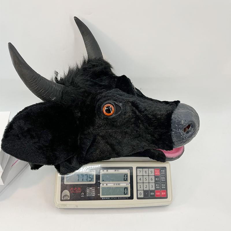 Halloween Moving Mouth Ox Horn Mask Scary Black Bull Head Cover Plush Animal Headgear Party