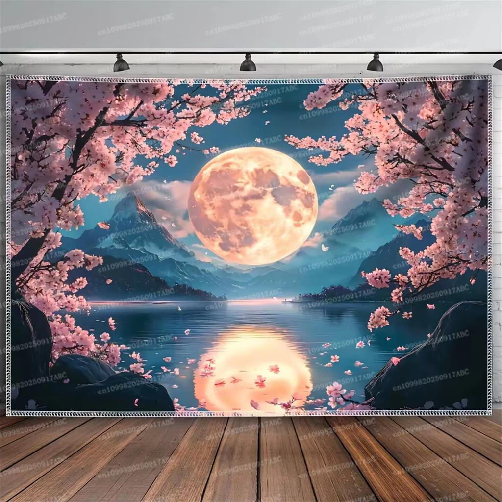 New tapestry peaceful cherry blossom and moon tapestry with starry sky and mountain view a beautiful decoration for bedroom