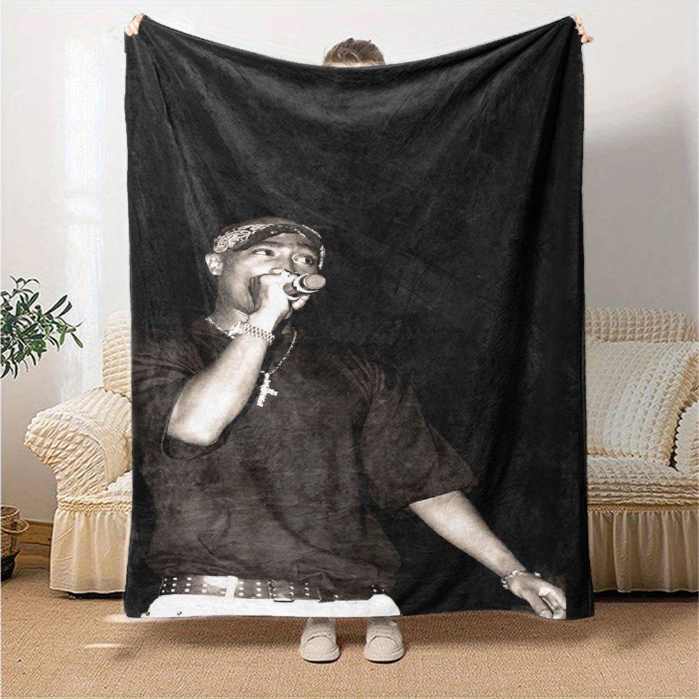 1pc 2PacHip Hop Blanket Soft Lightweight All Season Multi Purpose Throw for Sofa, Bed, Office & Picnics, French Style with Iconic Album Art & Quotes