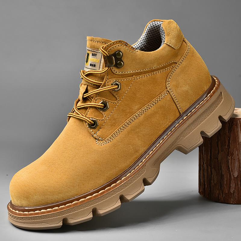 Men's Yellow Leather Toe Cap Pigskin Short Boots - Casual Velvet-Lined Warm Autumn/Winter Style
