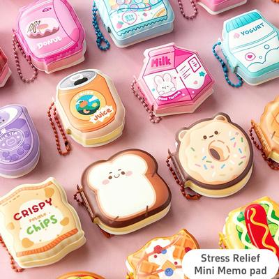 4 Stück Stressabbau Memo Block, Kawaii Dessert Getränk Spiel Serie Mini Notizblock mit Anhänger, Tragbarer geformter Notizzettel