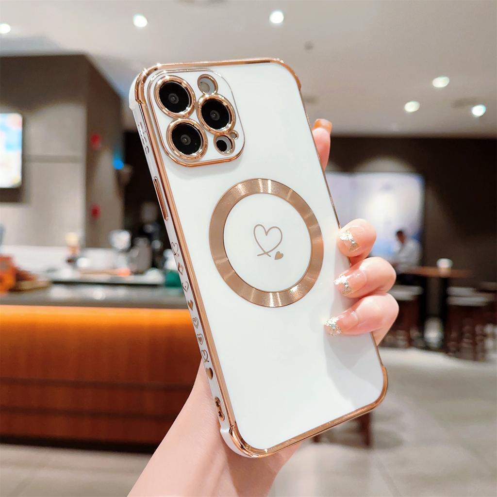 For iPhone 14 Pro Case Compatible with MagSafe Electroplated TPU Phone Cover Hollow Love Hearts