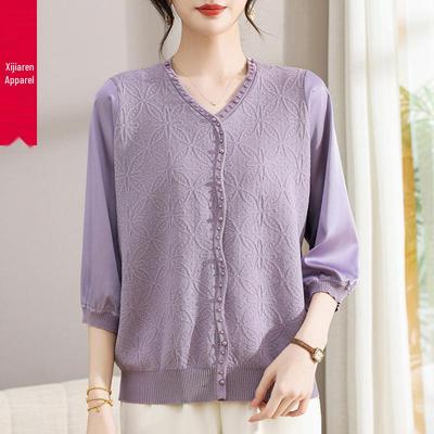 Chic Women's Chiffon Knitwear Top with Gauze Sleeves for Spring/Summer - Perfect for Middle-Aged Fashion