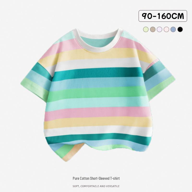 Boys  Rainbow Striped Short-Sleeve T-Shirt – 2025 Summer New Arrival for Kids 140 cm