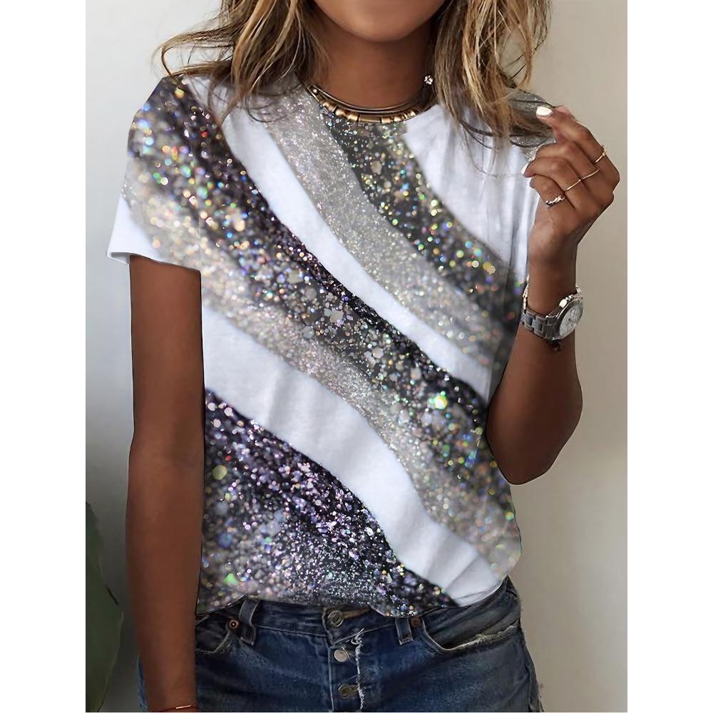 Letni damski top z krótkim rękawem z nadrukiem 3D w kwiatowy wzór z gradientem, modny T-shirt z dekoltem O, kwiatowa tekstura