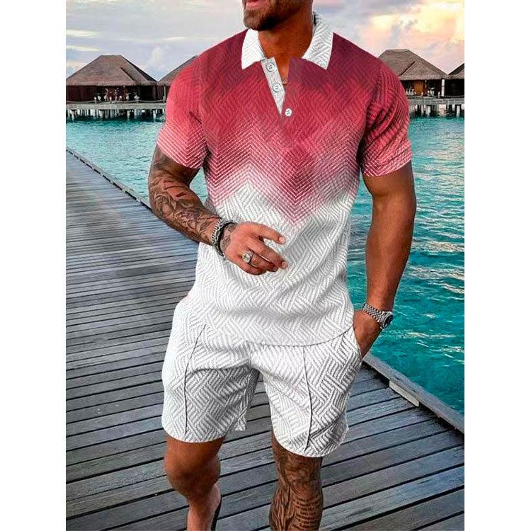 New Men'S Summer Fashion Casual Polo Shirt Collar Casual Set Collar Shorts Set Sports Men'S Solid Color T-Shirt Shorts Running Training Set